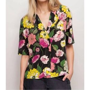 Johnny Was Jade eartha camp floral button down blouse top silk size xs